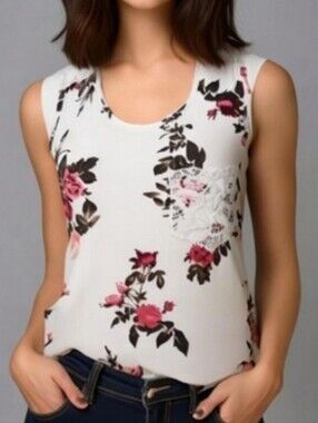 Riley and James Rose Print Crochet Back Lace Sleeveless Racerback Shirt Top